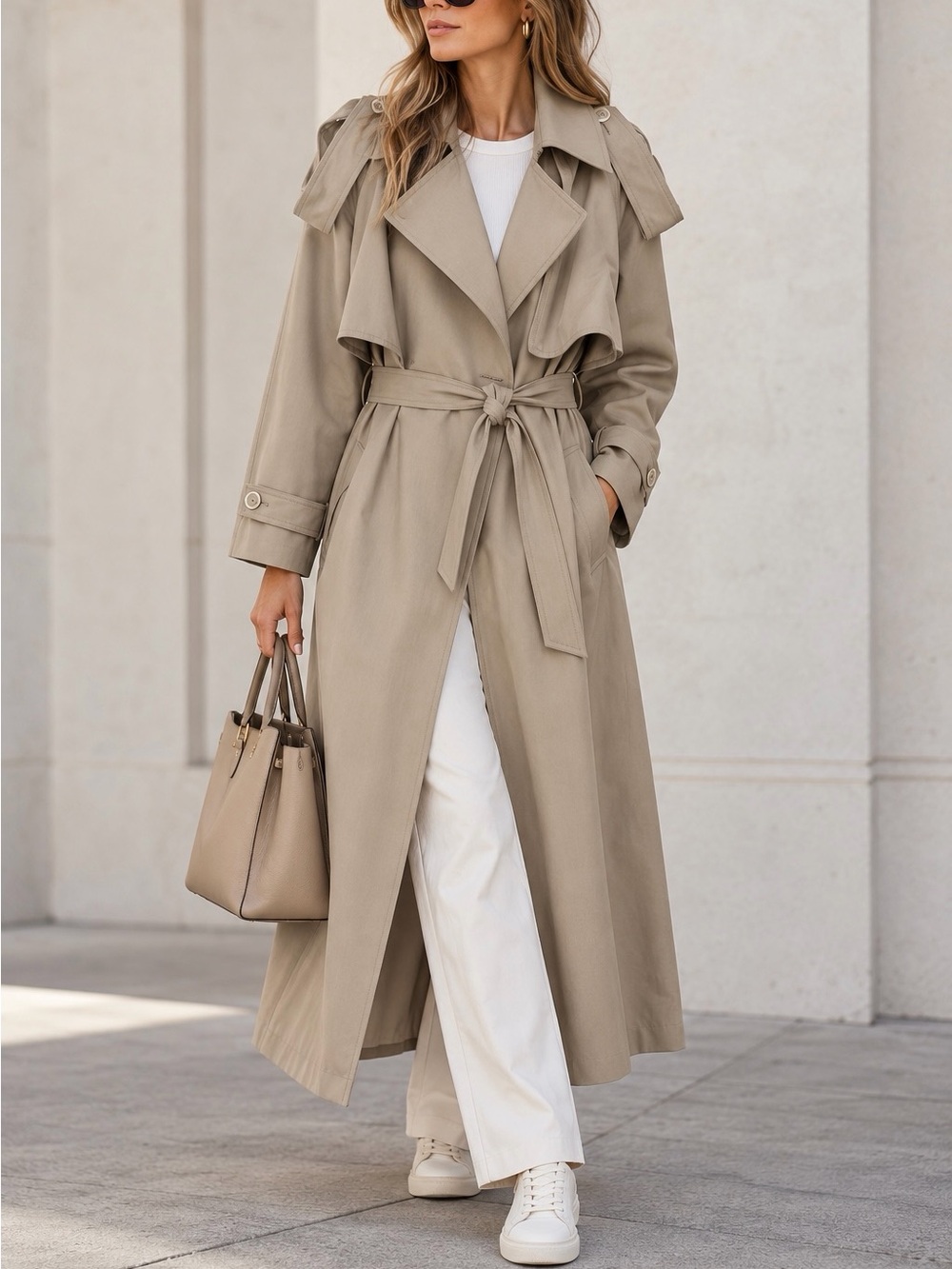 Mango MNG Selection Wanna Beige Long Trench Coat Belted Draped Cape Overlay L